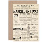 33rd Anniversary Card for Women Men - Newspaper Married in 1992 - Happy 33 Year Wedding Anniversary Card for Husband Wife Companion Partner, 5x7 Inch Anniversaries Greeting Cards