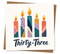 33rd Birthday Card, Five Colourful Candles, Thirty-Three | Celebrate a 33rd with five bright patchwork-style candles and the bold front message “Thirty-Three”.