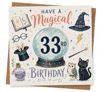 33rd Birthday Card for Her, Crystal Ball & Playful Stars | Her 33rd with a witchy twist: crystal ball, spellbook and starry hat, with a cute cat, owl and scattered stars.