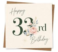 33rd Birthday Card for Her, Green, Pink Blooms | Bold green numbers with soft pink blooms and refined handwritten wording-stylish for her 33rd birthday.