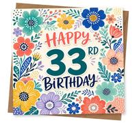 33rd Birthday Card for Her, Hand-Drawn Flowers, Happy | Vibrant hand-drawn flowers with bold “Happy 33rd Birthday” lettering-cheerful for her 33rd.
