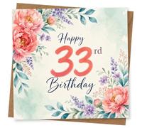 33rd Birthday Card for Her, Large Wording & Watercolour Florals | Large “Happy 33rd Birthday” wording with coral-pink peonies, lavender sprigs and leafy watercolour flourishes.