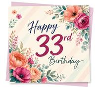 33rd Birthday Card for Her, Pink Peach Teal Florals | Bold “Happy 33rd Birthday” message set among watercolour botanicals in pink, peach and teal with leafy corner accents.