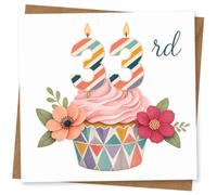 33rd Birthday Card for Her, Stripe Number 33, Floral Cupcake | Fun 33rd for her with striped candle-style number 33 on a pink-iced cupcake, plus geometric wrapper pattern and flowers.