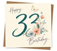 33rd Birthday Card for Her, Teal Age, Florals & Butterfly | Charming floral butterfly artwork with bold teal age display and a handwritten-style Happy Birthday message for her 33rd.