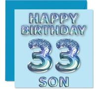 33rd Birthday Card for Son - Blue Glitter Party Balloons - Happy Birthday Cards for 33 Year Old Son from Mum Dad Parents, 145mm Bday Greeting Cards Gift
