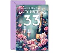 33rd Birthday Card, Pink Presents Champagne Bottle