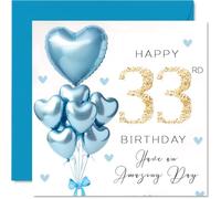33rd Birthday Cards for Men - Blue Glitter Balloons - Happy Birthday Card for 33 Year Old Man Cousin Uncle Friend Neighbour, 145mm Bday Greeting Cards