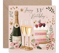 33rd Birthday Cards for Women - Cakes & Wine - Happy Birthday Card for 33 Year Old Woman Cousin Neighbour Auntie Friend, 145mm Bday Greeting Cards