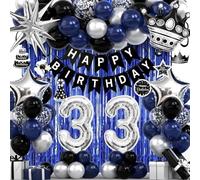 33rd Birthday Decorations for Men and Women, Black Blue Silver Happy Birthday Number 33 Balloons, Banner, Fringe Curtains Garland Kit - 33 Year Old Party Supplies