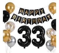 33rd Birthday Decorations for Men Women, Black Birthday Banner Jumbo Number 33 Foil Balloon, Metallic Gold Silver Black Latex Confetti Balloons for Him 33 Years Anniversary (33rd)