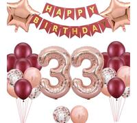 33rd Birthday Decorations for Women, 33rd Burgundy Happy Birthday Banner Rose Number 33 Stars Foil Balloons for Her Women 33 Year Old Anniversary Birthday Party(33rd)