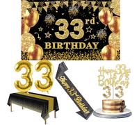 33rd Birthday Decorations Men Women with 33rd Birthday Banner, Black and Gold Table Cloth, Number Balloons, Large Sash, Cake Topper and Candles