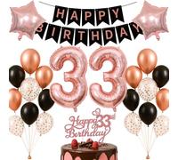 33rd Birthday Decorations Set Rose Gold Black Theme Happy Birthday Banner Balloon Decor Photo Backdrop for Women Men Adults Turning 33 Age 33 Double Number 33 Party Supplies Celebration Decor