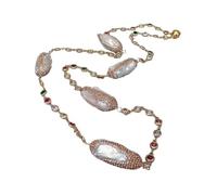 34" Cultured White Biwa Pearl Multi Color Rosary Chain Long Necklace