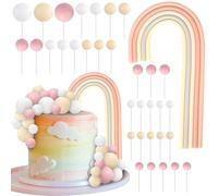 34 Pack Boho Balls Cake Toppers Rainbow Cake Picks Natural Boho Mini Balloon Foam Rainbow DIY Cake Decorations for Baby Shower Boys Girls Birthday Wedding Anniversary Party Supplies
