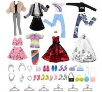 34 Pcs Doll Clothes and Accessories for 11.5 in Barbie Doll, 2 Party Gown, 2 Plush Coat Sets, 2 Tops Casual Pantsuits, 2 Summer Skirt Sets, 6 Pairs of Shoes and 18 Accessories, Birthday Gift for Girls