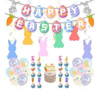 34 Pcs Easter Decorations Set with Easter Banner, Balloons, Cake Topper & Hanging Swirl, Happy Easter Hanging Bunny Decorations for Home Garden School, Easter Bunting Banner Easter Eggs Decoration