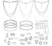 34 Pcs Silver Jewelry Set for Women Layered Bracelets Ball Dangle Hoop Earrings Stackable Knuckle Rings Set Dainty Adjustable Necklaces Valentine Anniversary Trendy Party Costume Accessories Jewelry