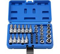 34 Piece E-TORX STAR Socket with CRV E-Socket Set E4-20, T10-60 Torx Bit Set, Retired Proof TT10-TT55 and 5/16 Inch F to 3/8 Inch M Adapter, 3/8 Inch Drive Torx Bit Socket