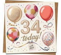 34 Today Birthday Card for Men or Women, Balloon Design, With Love, 145mm x 145mm, Includes Kraft Envelope, Milestone 34th Birthday Greeting Card
