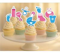 34 x PRE CUT BABY SHOWER ITS A BOY ITS A GIRL GENDER REVEAL PINK AND BLUE STAND UP EDIBLE WAFER CARD RICE PAPER CUPCAKE TOPPER DECORATIONS