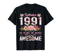 34 Year Old Floral September 1991 34th Birthday Gifts Women T-Shirt