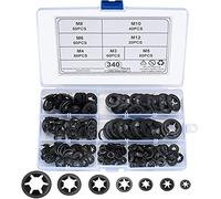 340 Pcs Starlock Washers, Internal Tooth Quick Speed Locking Washer, Push On Speed Clips Fasteners Starlock Washers Assortment Kit - 65Mn, Black, M3/M4/M5/M6/M8/M10/M12