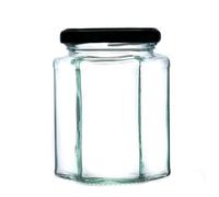 340g (280ml) Hexagonal Glass Jam Jars - Marmalade, Honey hex Jar (Black Lid, Pack of 300)
