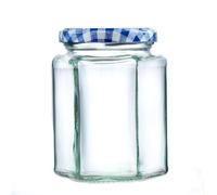 340g (280ml) Hexagonal Glass Jam Jars - Marmalade, Honey hex Jar (Blue Gingham Lid, Pack of 100)