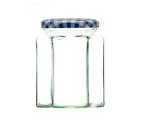 340g (280ml) Hexagonal Glass Jam Jars - Marmalade, Honey hex Jar (Blue Gingham Lid, Pack of 12)