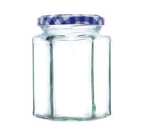 340g (280ml) Hexagonal Glass Jam Jars - Marmalade, Honey hex Jar (Blue Gingham Lid, Pack of 36)