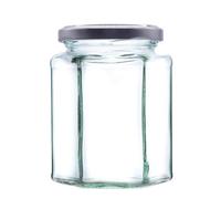340g (280ml) Hexagonal Glass Jam Jars - Marmalade, Honey hex Jar (Silver Lid, Pack of 24)