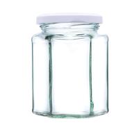 340g (280ml) Hexagonal Glass Jam Jars - Marmalade, Honey hex Jar (White Lid, Pack of 300)