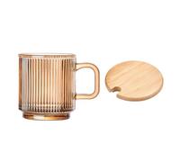 340ml Glass Coffee Cup with Lid and Handle, Coloured Glass Coffee Mugs, Ribbed Coffee Glasses for Latte, Cappuccino, Tea, Milk, Juice, Water (Amber)