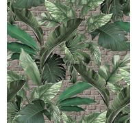 Galerie Loft 2 Green Tropical Leaves With Greige Exposed Brick Background 3-Panel (3 X 2.7M) Wall Mural