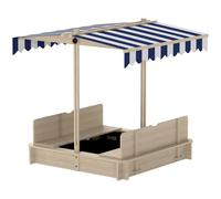 343-029 Outsunny Kids Wooden Sand Pit with Lids, Children Sandbox Height Adjustable Canopy for Garden, Convertible Bench Outdoor Garden Playset, Blue and White Canopy