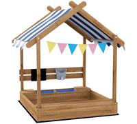 343-063V00BN Outsunny Sand Pit Wooden Sandpit Kids Sandbox House for Outdoors, Gardens with Canopy, Liner, Blackboard, Sink, Seats, Flags, for Ages 3-7 Years - Brown