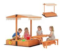 343-083V01BN AIYAPLAY Kids Sand Pit with Lid, Wooden Sandpit with Canopy, Foldable Picnic Table, Bench Seats, Bottom Liner, Outdoor Sandbox with Cover for 6 Children, Patio Garden Gift for Ages 3-8, B