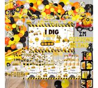 345 Pcs Construction 4th Birthday Party Supplies, Dump Truck Four Years Old Party Decorations Include Backdrop, Balloons Box, Hanging Swirls, Tablecloth, Plates, Cake Toppers, Balloons Garland Kit