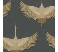 Non-Woven Wallpaper Crane Textile Look Black Gold Metallic 34532 (6,33£/1qm)