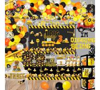 348 Pcs Construction 3rd Birthday Decorations, Dump Truck Three Years Old Party Supplies Include Balloons Box, Backdrop, Hanging Swirls, Hat, Tablecloth, Plates, Cake Toppers, Balloons Garland Kit