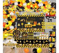 348 Pcs Construction 4th Birthday Decorations, Dump Truck Four Years Old Party Supplies Include Balloons Box, Backdrop, Hanging Swirls, Tablecloth, Plates, Cake Toppers, Balloons Garland Kit