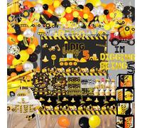 348 Pcs Construction 5th Birthday Decorations, Dump Truck Five Years Old Party Supplies Include Balloons Box, Backdrop, Hanging Swirls, Tablecloth, Plates, Cake Toppers, Balloons Garland Kit