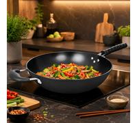 Gr8 Home 34cm Black Non Stick Carbon Steel Wok Pan with Helper Handle