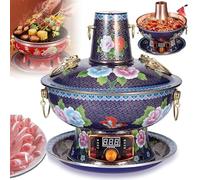 34cm China Chafing Dishes (Electric/Carbon Dual Purpose), 360° Circulation Heating, Pure Copper Enamel Hot Pot - Single Pot/Double Pot(Blue,A)