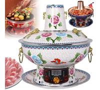 34cm China Chafing Dishes (Electric/Carbon Dual Purpose), 360° Circulation Heating, Pure Copper Enamel Hot Pot - Single Pot/Double Pot(White,A)
