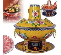 34cm China Chafing Dishes (Electric/Carbon Dual Purpose), 360° Circulation Heating, Pure Copper Enamel Hot Pot - Single Pot/Double Pot(Yellow,A)