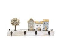 34cm Shabby Chic House Design Wall Mounted Hanger Hooks | Street Scene Wooden Hanger Rack | Decorative 4 Peg Hooks