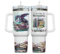 34HD Book Dragon Tumbler 40oz, Stainless Steel Coffee Mug with Handle and Straw, Fantasy Book Lover Gifts, Reading Enthusiast Cup, Funny Reader Travel Mug